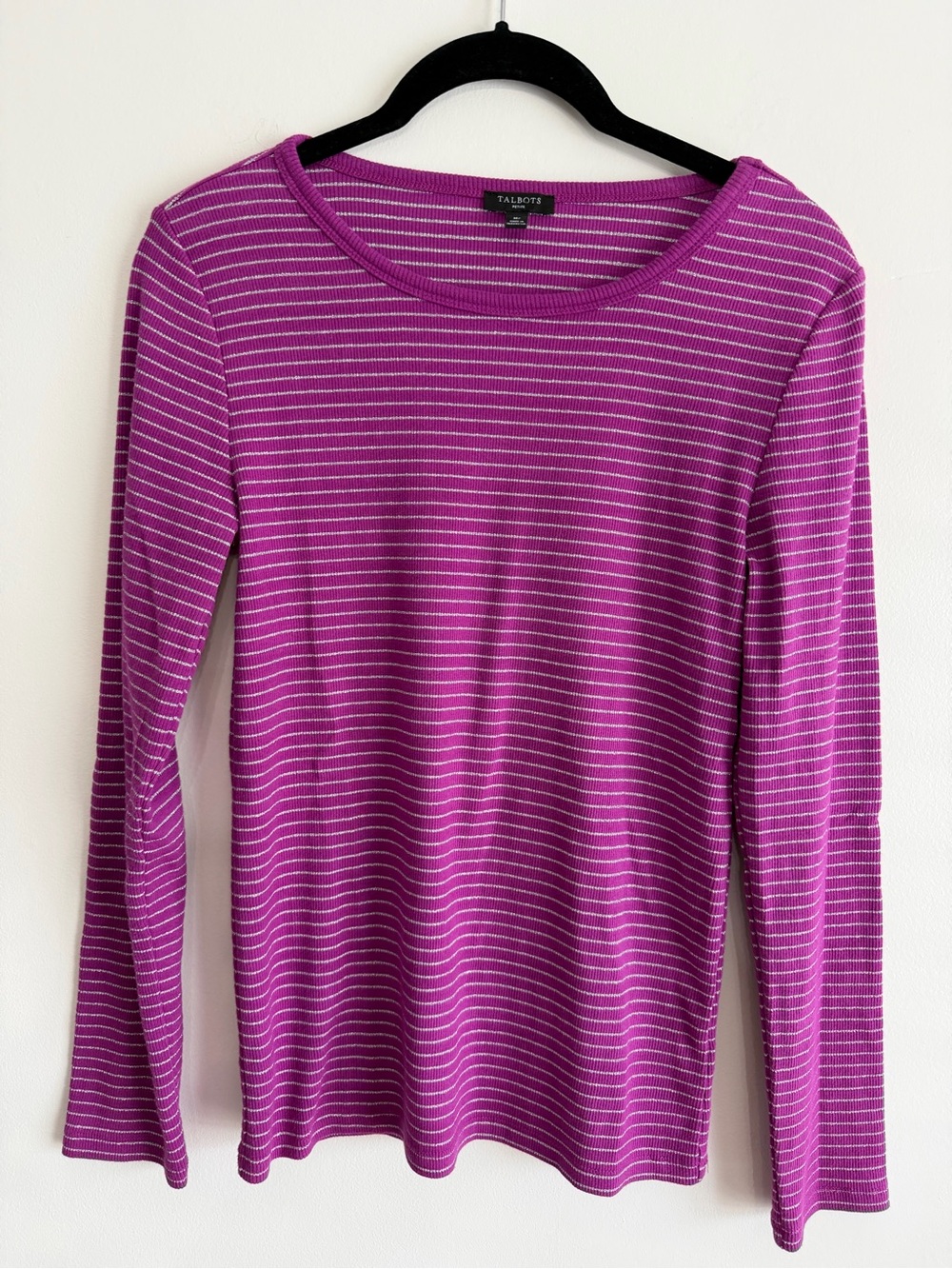 Talbots Ribbed Crewneck Twinkle Striped Tee Long Sleeve Magenta/Silver Petite M
